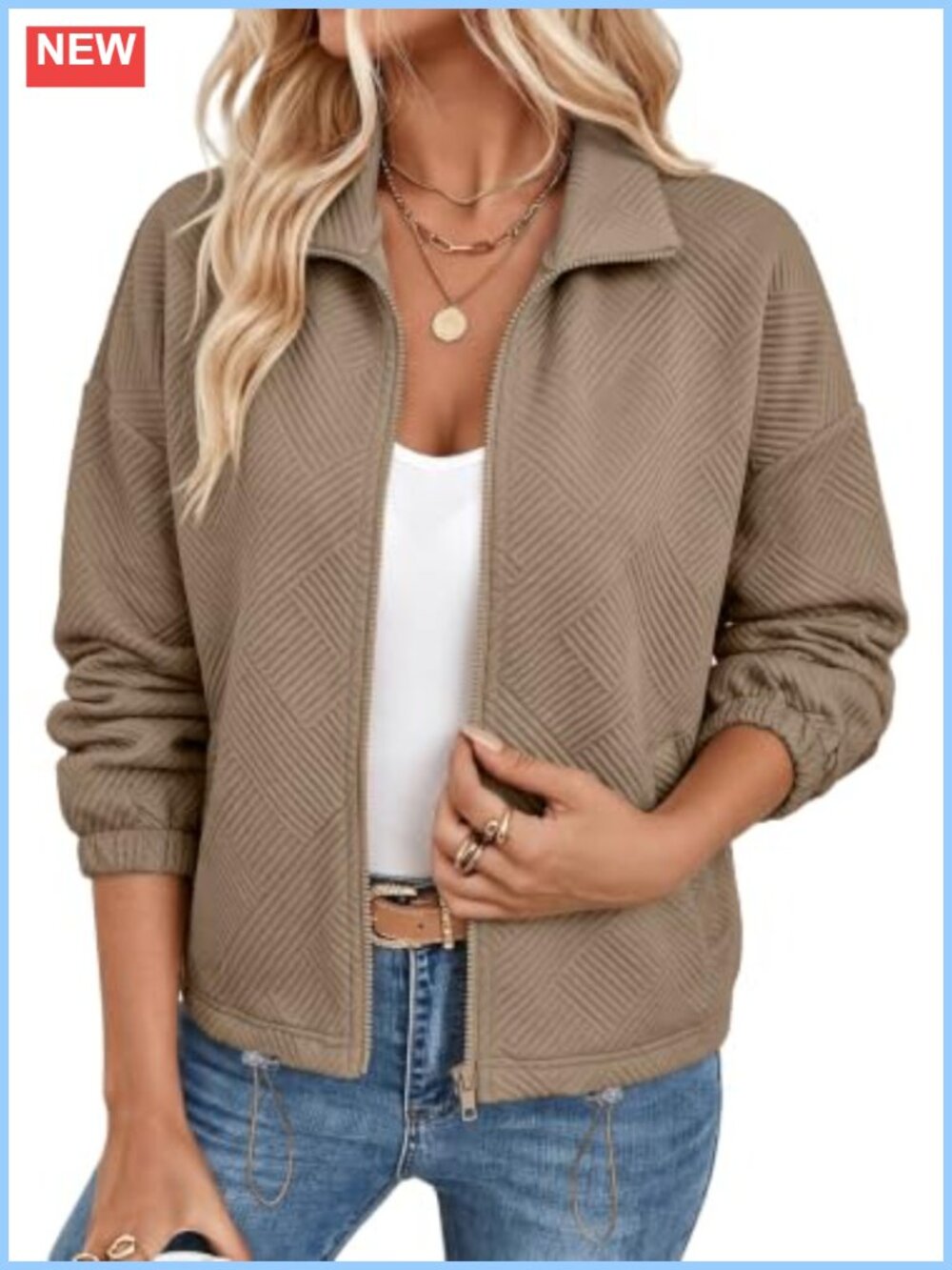 Women's Casual Zip Up Cropped Jacket Long Sleeve Loose Fit